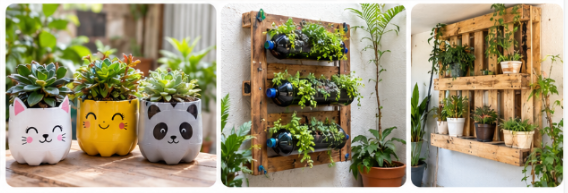 Macetas, jardín vertical con botellas y estante de pallet