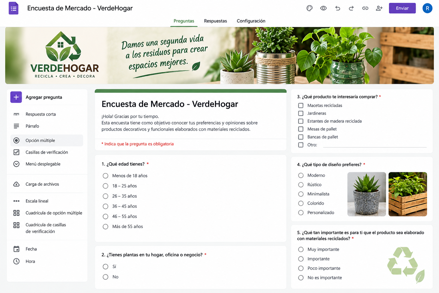Encuesta de mercado de VerdeHogar sobre edad, plantas, productos y diseño