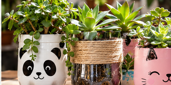 Macetas recicladas con plantas, una de ellas envuelta en soga