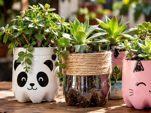 Macetas hechas con botellas, decoradas como panda, con soga y como gato
