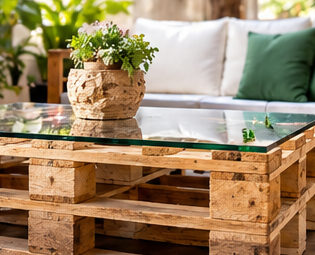 Mesa de centro hecha con pallets de madera y una maceta encima