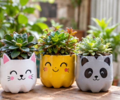 Tres macetas recicladas con forma de gato, carita y panda